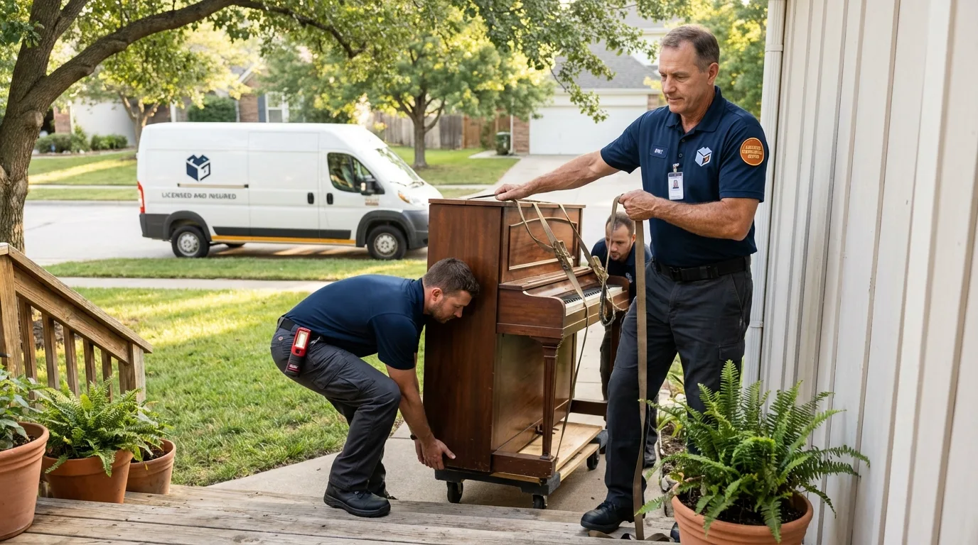 Licensed piano movers securing grand piano in Coquille, OR