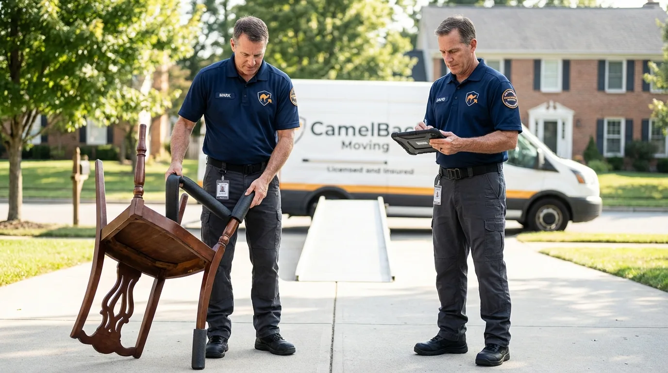Movers inspecting furniture for damage prevention before loading in Coquille, OR
