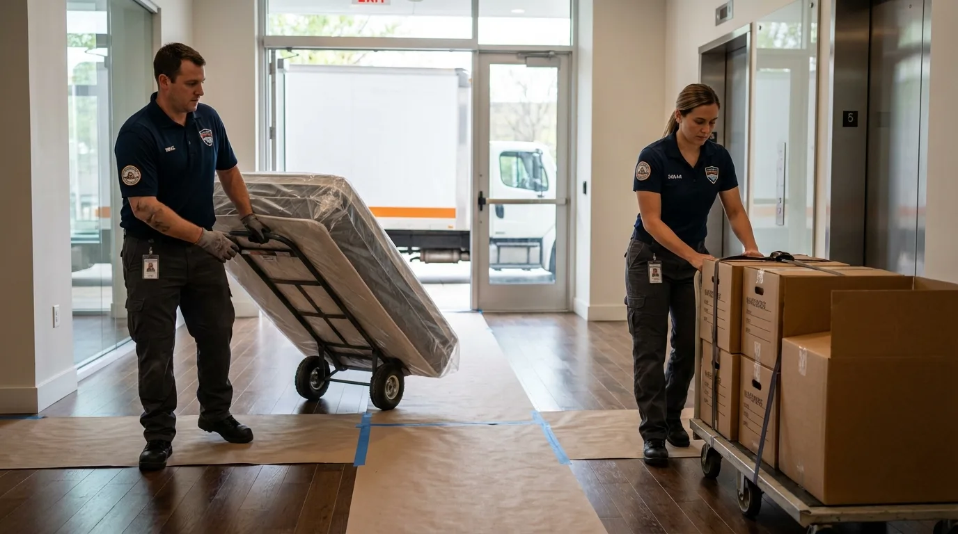 Professional apartment movers loading elevator in Coquille, OR