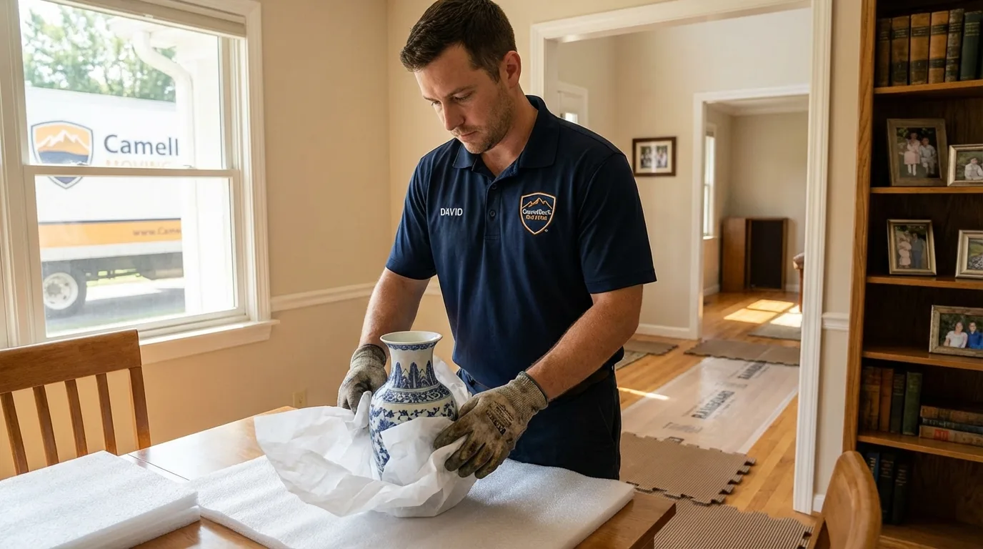 Professional crew carefully wrapping antique vase for senior downsizing move in Coquille, OR