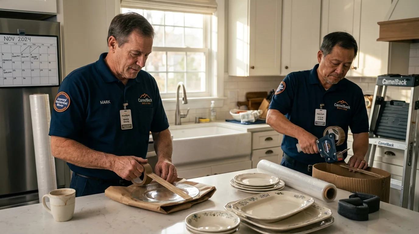 Professional crew packing kitchen dishware in Coquille, OR
